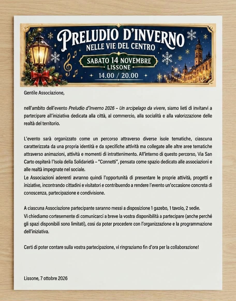 Invito a Preludio d’Inverno 2026: sabato 14 novembre a Lissone, dalle 14:00 alle 20:00, con l’Isola della Solidarietà in via San Carlo