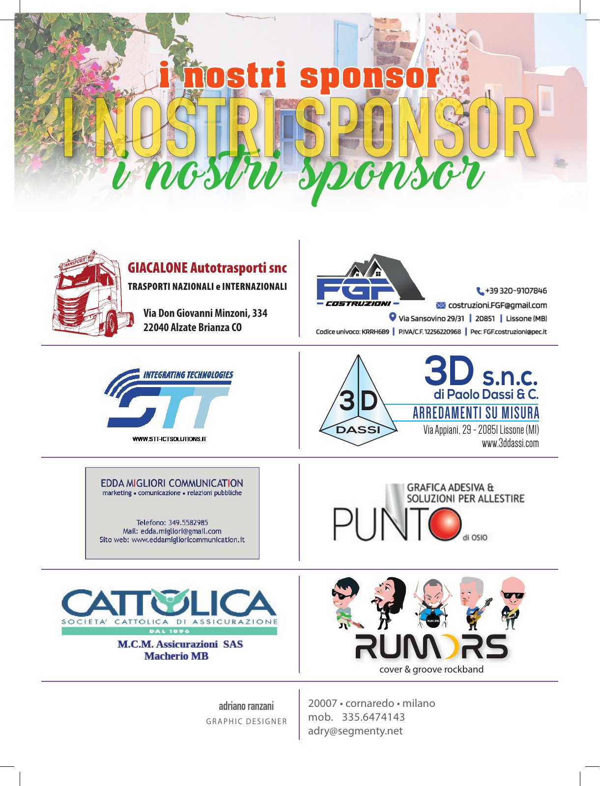 Pagina degli sponsor del CruciLibro con i loghi di Giacalone, FGF, STI, 3D Dassi, Edda Migliori, PUNTO, Cattolica, RUMORS e Adriano Ranzani